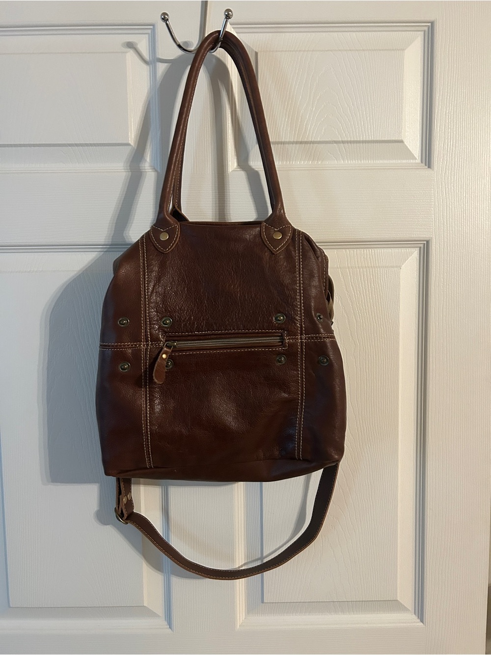 Myra Bag Brown Leather Shoulder Tote with Front Zip